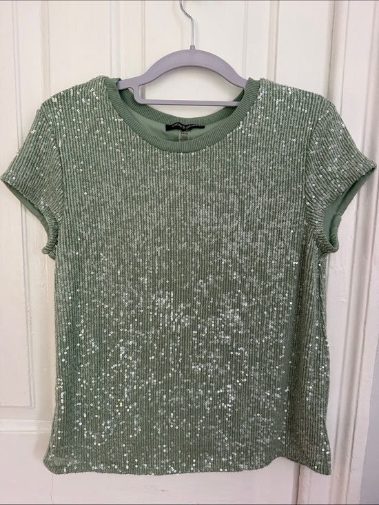 Cable & Gauge Tops - Cable & Gauge Sage Green Sequin Ribbed Short Sleeve Top
